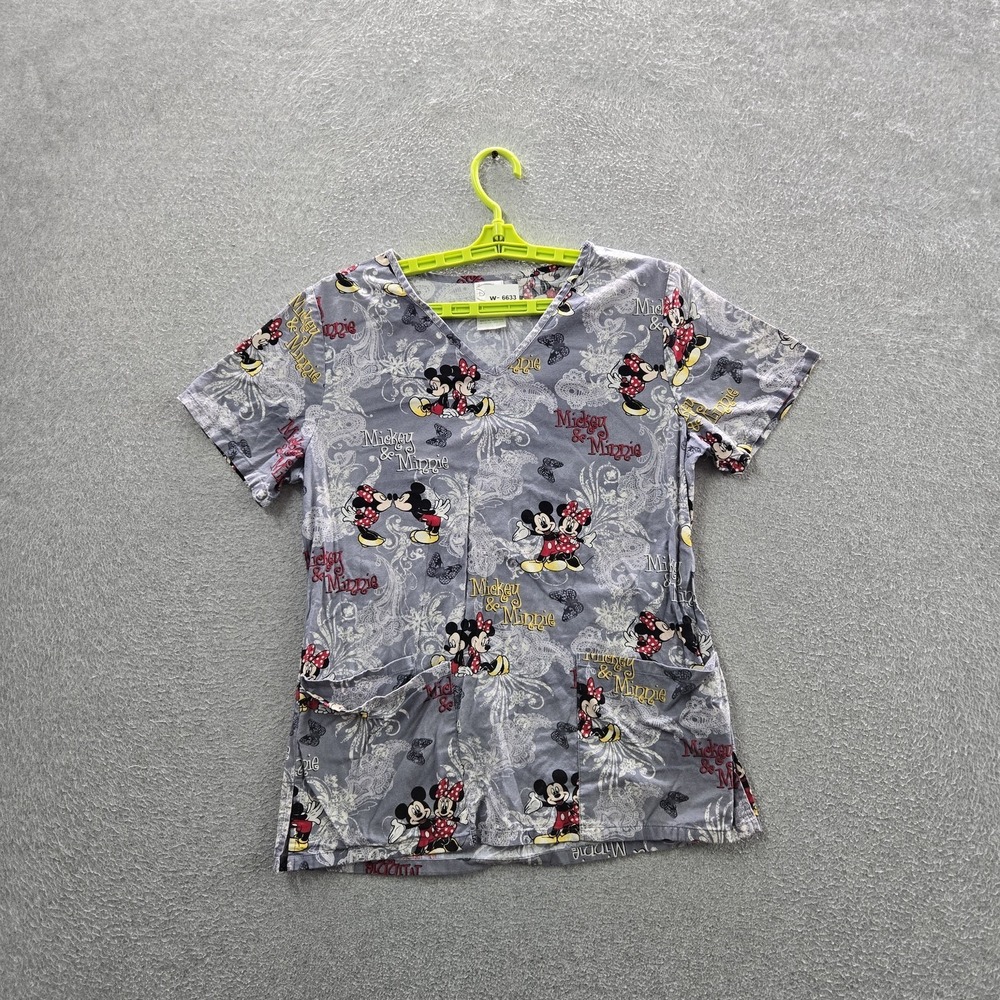 Disney Women Scrub Top XS Gray Micky Minnie Kissing Print V-Neck Short Sleeve